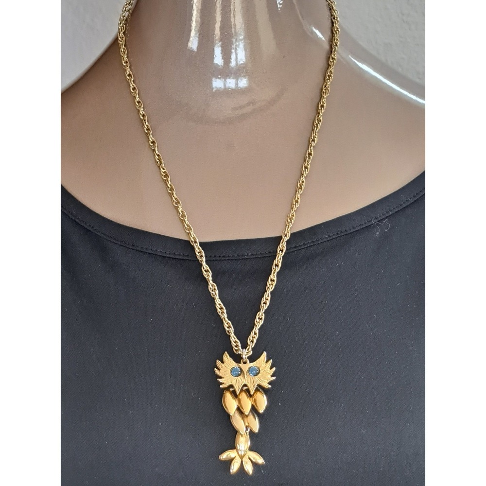 Vintage Articulated Owl Pendant Necklace Gold Tone Blue Eyes Mid Century Retro